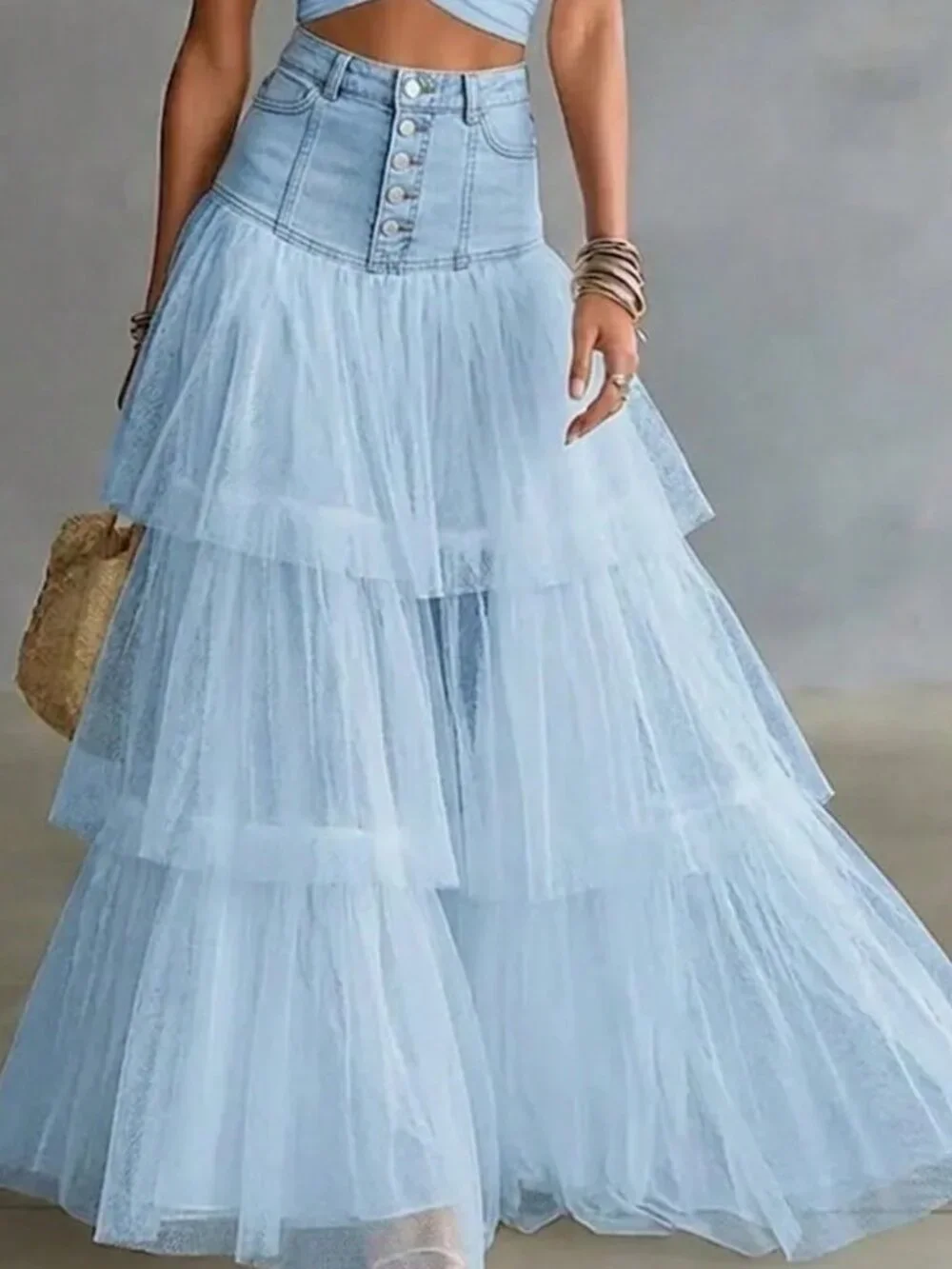 Blue Casual Women's Flowing A-Line Tiered Maxi Skirt